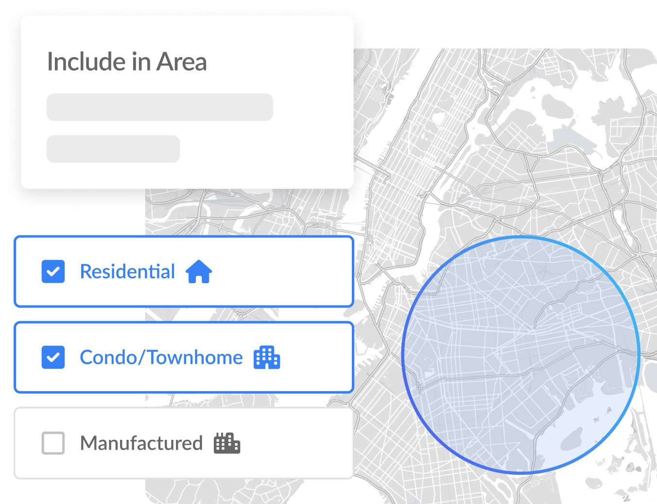 Interactive real estate market map interface with residential and condo property filters selected for area analysis.